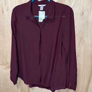 H&M Women's Sz 14 Sheer Maroon Button Down Blouse